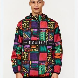 Multicolored Geometric 90's Print Lightweight Hooded Anorak- Size XL